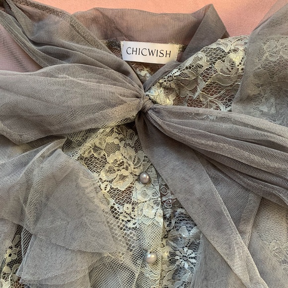 Chicwish Floral and Ruffle Bowknot Tulle Dress in Dusty Blue - Picture 2 of 7